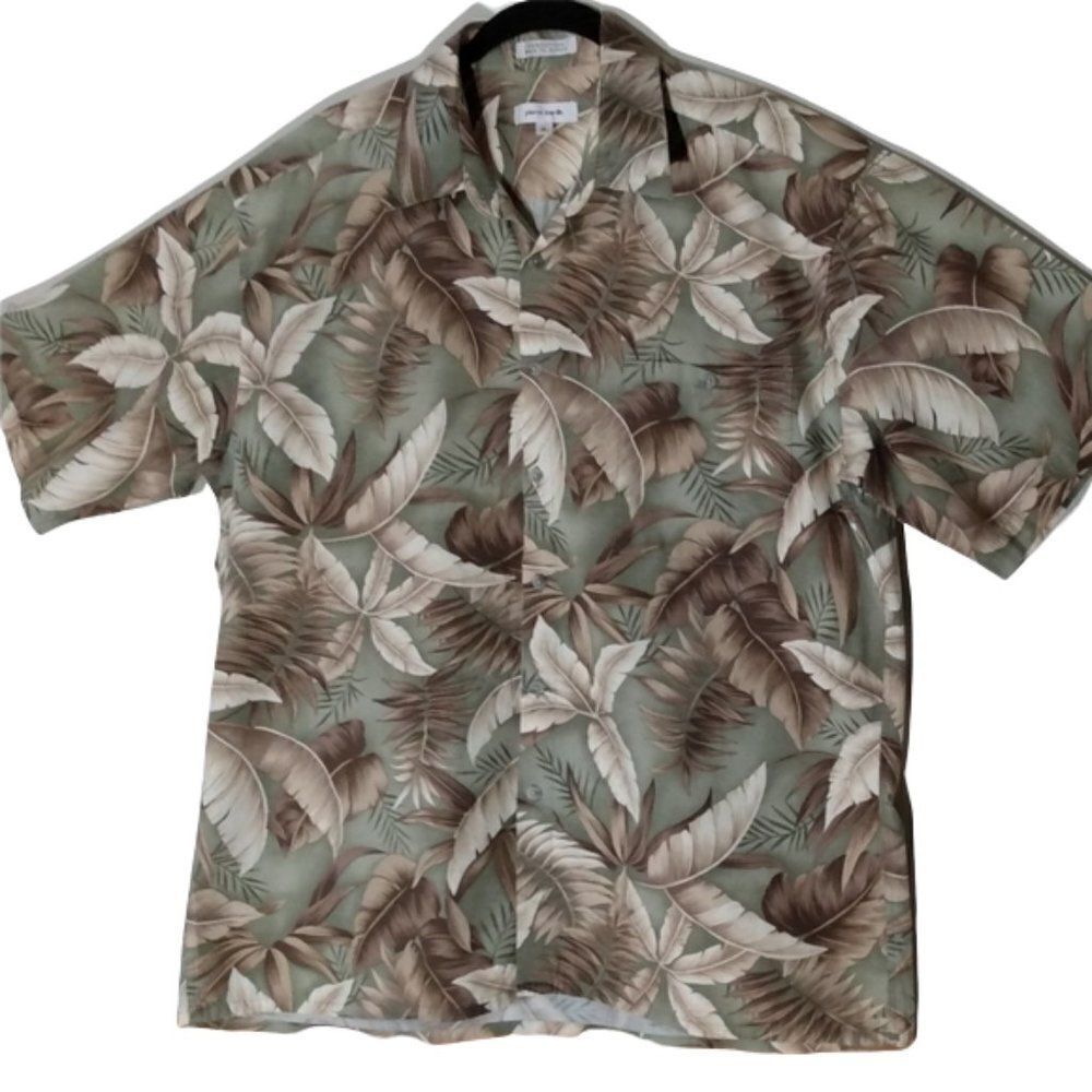 Pierre Cardin Men's Beige Tropical Print Short Sleeve Button Down Hawaiian Shirt